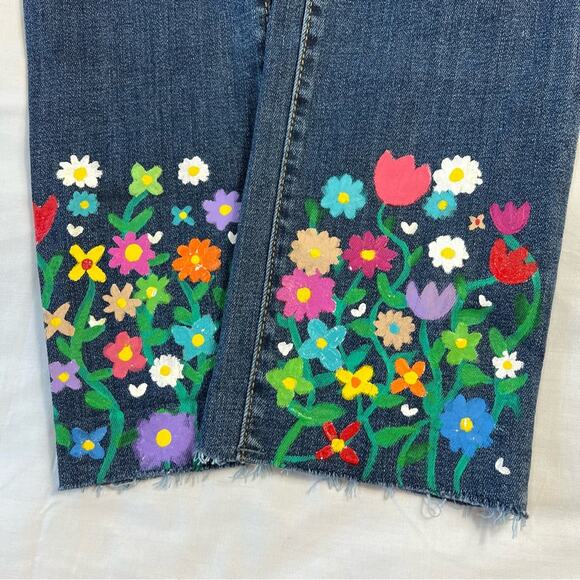 Custom Painted 00/24 High Rise Straight Crop Floral Distressed Y2k Denim Jeans - Picture 3 of 10